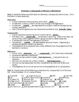Elements, Compounds, Mixtures Worksheet with Answer Key | TpT